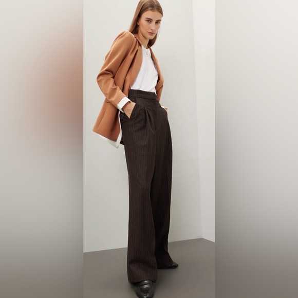 Vanessa Bruno Pants - Vanessa Bruno Brown Pinstripe Wide-Leg Trousers Size 40 Wool Viscose Blend Women